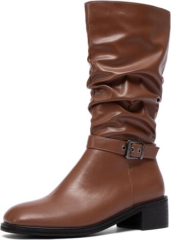 NEWBELLA Women's Slouchy Mid Calf Boots Chunky Heel Booties with Adjustable Locking Straps-Casual Fall Winter Boots in Saudi Arabia