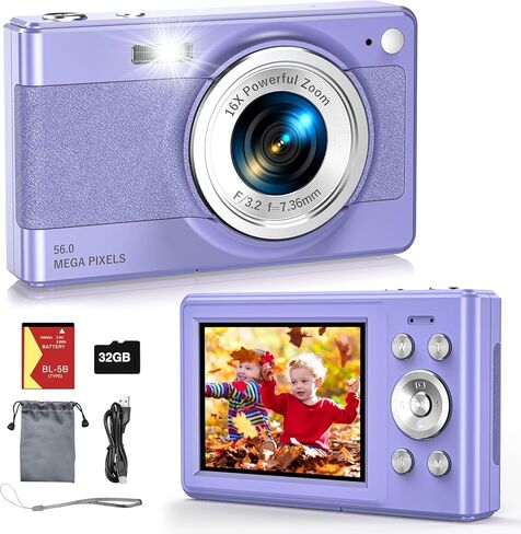 كاميرا رقمية جديدة 2025، 56 ميجابكسل FHD 1080P للأطفال مع تكبير رقمي 16x مضاد للاهتزاز، كشف الوجه، التقاط الابتسامة، بطاقة TF 32 جيجابايت، بطارية، حبل قصير، هدية رائعة للأولاد والبنات (أرجواني) in Saudi Arabia
