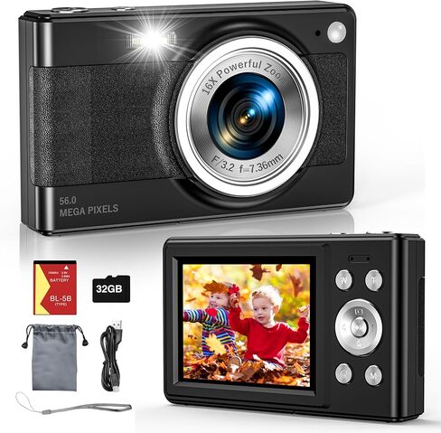 كاميرا رقمية جديدة 2025، 56 ميجابكسل FHD 1080P للأطفال مع تكبير رقمي 16x مضاد للاهتزاز، كشف الوجه، التقاط الابتسامة، بطاقة TF 32 جيجابايت، بطارية، حبل قصير، هدية رائعة للأولاد والبنات (أرجواني) in Kuwait