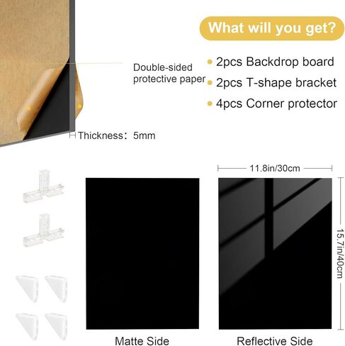 Meking Product Photography Backdrops, Black Double Sided Matte and Reflective Background for Food,Makeup, Jewelry and Other Small Product,2PCS 15.7x11.8in Photo Backdrop Boards with 2PCS Bracket in Saudi Arabia