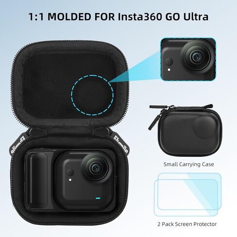 Small Carrying Case + 2 Pack Screen Protector for Insta360 GO Ultra, PU Hard Portable Travel Storage Bag With Carabiner & Wrist Strap, Tempered Glass Film Protective Lens Cover Accessories Kit in Kuwait