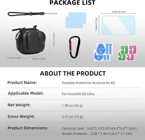 Small Carrying Case + 2 Pack Screen Protector for Insta360 GO Ultra, PU Hard Portable Travel Storage Bag With Carabiner & Wrist Strap, Tempered Glass Film Protective Lens Cover Accessories Kit in Kuwait