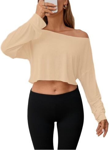 Women's Off Shoulder Mesh Crop Top Sheer See Through Long Sleeve Sexy Casual Outfit for Spring Fall in Saudi Arabia
