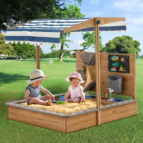 Kids Large Wooden SandBoxes with Roof, Pipleo Outdoor Sand Box Play w/Canopy for Backyard Garden Beach, Sand Pit for Beach Patio Outdoor, [Adjustable Cover & Funnel & Drawing Board] - Brown Oak in Kuwait