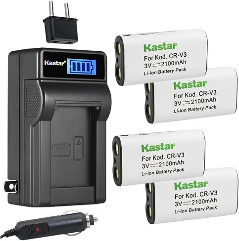 بطارية Kastar 4-Pack CR-V3 وشاحن تيار متردد LCD متوافق مع Pentax Optio 33WR، Optio 43WR، Optio 540، Optio S30، Optio S40، Optio S60، K100D، K110D كاميرا SLR الرقمية، كاميرا Ricoh Caplio RR330 in Kuwait