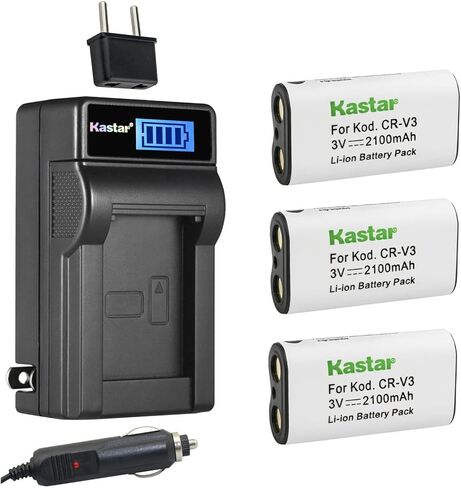 بطارية Kastar 4-Pack CR-V3 وشاحن تيار متردد LCD متوافق مع Pentax Optio 33WR، Optio 43WR، Optio 540، Optio S30، Optio S40، Optio S60، K100D، K110D كاميرا SLR الرقمية، كاميرا Ricoh Caplio RR330 in Kuwait