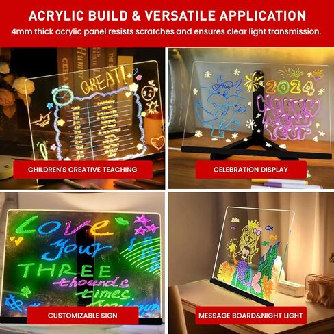 لوحة ملاحظات LED مع لوحة رسائل تضيء ، 14''x10 '' 'Acrylic Light Up Board مع 60000 ألوان RGB و 12 علامة ، لوحات محو جافة متزامنة وميض ، سطوع قاتم للمقهى/البار/المنزل/الحزب in Kuwait