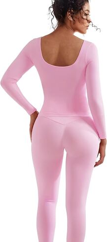 SUUKSESS Women 2 Piece Workout Sets High Waisted Seamless Leggings Active Long Sleeve Tops in Saudi Arabia