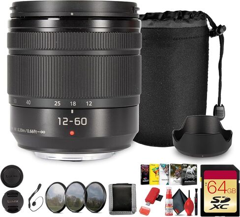 باناسونيك لوميكس جي فاريو 12-60 ملم f/3.5-5.6 ASPH. قوة O.I.S. عدسة تكبير مكافئة لـ Micro Four Thirds مقاس 24-120 مم مع بطاقة ذاكرة سعة 64 جيجابايت ومجموعة تنظيف + المزيد (9 عناصر) in Kuwait