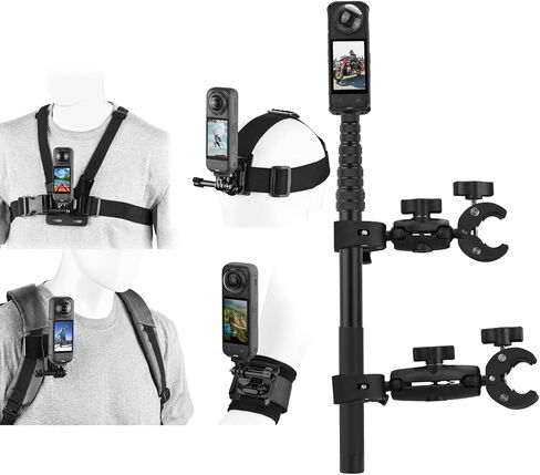 طقم إكسسوارات BRDRC وحامل دراجة نارية لـ Insta360 X5 X4، يتصاعد معصم رأس الصدر مع محول دوار 360 درجة ومشبك مقود الدراجة مع حزمة عصا سيلفي 59 بوصة in Kuwait