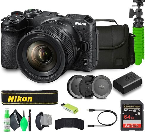 كاميرا Nikon Z30 خفيفة الوزن بدون مرآة مع عدسة تكبير 12-28 مم + حقيبة ناعمة + طقم تنظيف + محفظة بطاقة ذاكرة + بطاقة Extreme PRO سعة 64 جيجابايت + قارئ بطاقات + حزام يد + حامل ثلاثي القوائم مقاس 12 بوصة in Kuwait