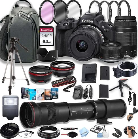 Canon EOS R50 Mirrorless Digital Camera with RF-S 18-45mm f/4.5-6.3 is STM Lens + 75-300mm F/4-5.6 III Lens + 420-800mm Super Telephoto Lens + 64GB Memory Cards, Professional Bundle (44pc) (Renewed) in Saudi Arabia