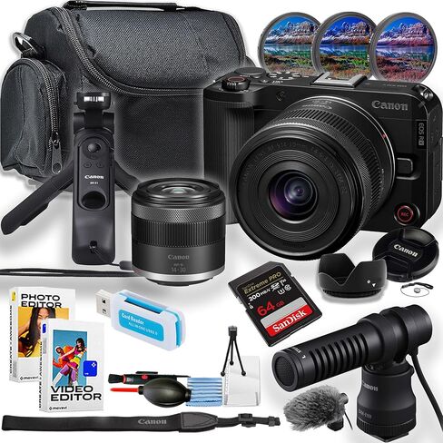 Canon EOS R50V Mirrorless Camera w/14-30mm Lens + HG-100TBR Tripod Grip + DM-E100 Directional Microphone + Sandisk 64GB Extreme Pro Memory Card + More (16pc Bundle) (Renewed) in Saudi Arabia
