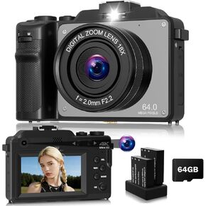 Digital Camera for Photography, 4K 64MP with Selfie Lens & 20X Zoom, WiFi, Compact Vlogging Camera for YouTube, Portable Travel Camera with 2 Batteries for Students Teens Beginners in Kuwait