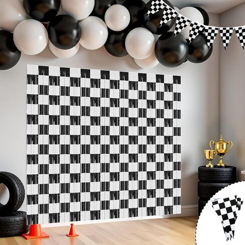Race Car Birthday Party Decorations,2 Pack Checkered Black White Foil Streamers Fringe Curtains Backdrops for One Happy Dude Racing Cars Party Decor Supplies in Saudi Arabia