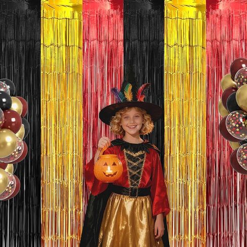 Black Red Gold Foil Fringe Curtains Backdrop Birthday Party Decorations, 2 Pack 3.28 x 6.56 Ft Magical Tinsel Streamer Banner Photo Booth Props for Cartoon Theme Casino Christmas Party Decor Supplies in Saudi Arabia