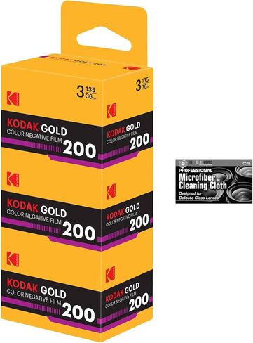 فيلم Kodak Eastman Gold 200 لون سلبي (فيلم رول 35 مم، 36 تعريض) - عبوة من 3 قطع مع قطعة قماش تنظيف من الألياف الدقيقة in Kuwait
