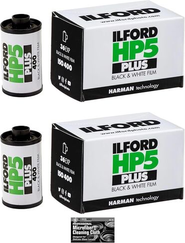 فيلم سلبي أبيض وأسود HP5 Plus من Ilford (فيلم رول 35 مم، 36 تعريض) - عبوتان مع قطعة قماش للتنظيف in Kuwait
