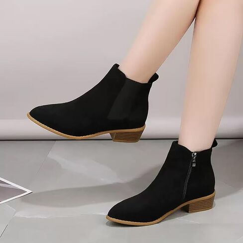 Sunporx Women'S Suede Ankle Boots Low-Heeled Slip-Resistant Pointed-toe Breathable Casual Booties Block-Heeled Autumn/Winter Warm Boots in Saudi Arabia