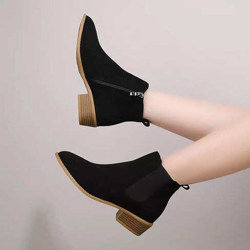 Sunporx Women'S Suede Ankle Boots Low-Heeled Slip-Resistant Pointed-toe Breathable Casual Booties Block-Heeled Autumn/Winter Warm Boots in Saudi Arabia