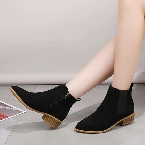 Sunporx Women'S Suede Ankle Boots Low-Heeled Slip-Resistant Pointed-toe Breathable Casual Booties Block-Heeled Autumn/Winter Warm Boots in Saudi Arabia