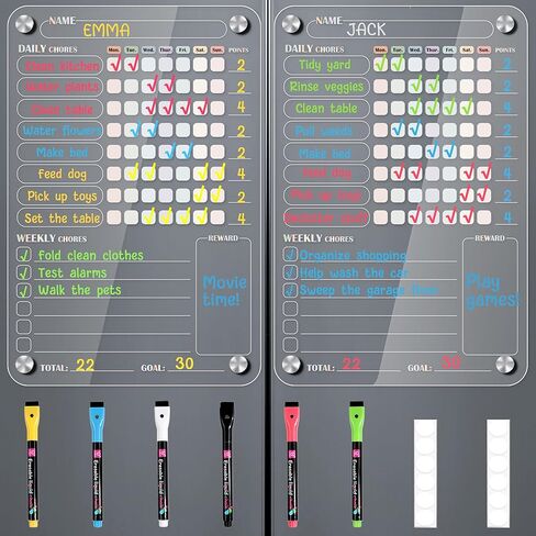 Acrylic Magnetic Chore Chart for Kids Multiple Kids, Clear Chore Board for Fridge Refrigerator, Behavior Reward Responsibility Chart, 2 Dry Erase Chores Chart for Kid with 6 Markers & Anti-Scratch Pad in Kuwait