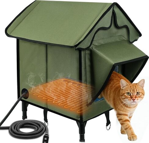 Heated Cat House for Outside, Winter Insulated Cats House with Heated Pad, Waterproof Weatherproof Cat Shelter for Outdoor Indoor Cats, Cozy Elevated Feral Cat House Bed Green 21x19.4x16.5 in in Kuwait