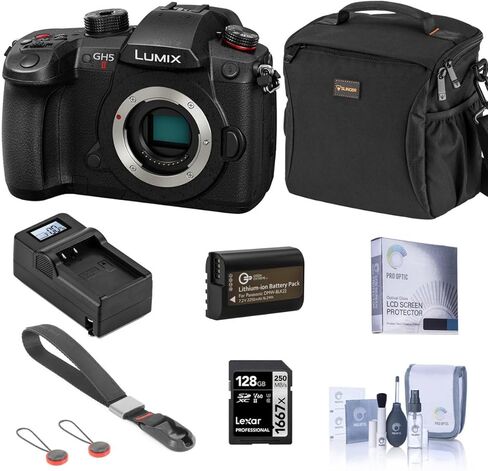 مجموعة كاميرا باناسونيك LUMIX GH5II بدون مرآة مع بطاقة SD سعة 128 جيجابايت، وحقيبة، وبطارية إضافية، وشاحن، وحزام معصم، وواقي شاشة، ومجموعة تنظيف in Saudi Arabia