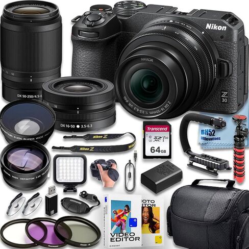 كاميرا تسجيل الفيديو Nikon Z30 بدقة 20.9 ميجابكسل بدقة 4K مع عدسة Nikon NIKKOR Z DX مقاس 16-50 مم f/3.5-6.3 VR وعدسات 50-250 مم f/4.5-6.3 VR + حزمة الملحقات الفاخرة (متجددة) in Saudi Arabia
