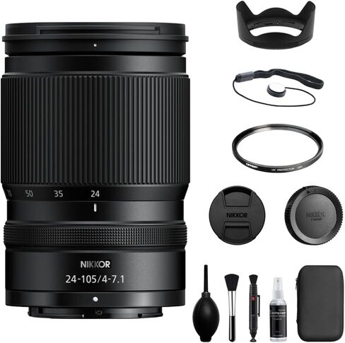 عدسة Nikon NIKKOR Z مقاس 24-105 مم f/4-7.1 متوافقة مع حزمة تركيب Nikon Z مع فلتر Tiffen للأشعة فوق البنفسجية + حافظة غطاء العدسة + مجموعة تنظيف + قطعة قماش للتنظيف (5 قطع) in Saudi Arabia