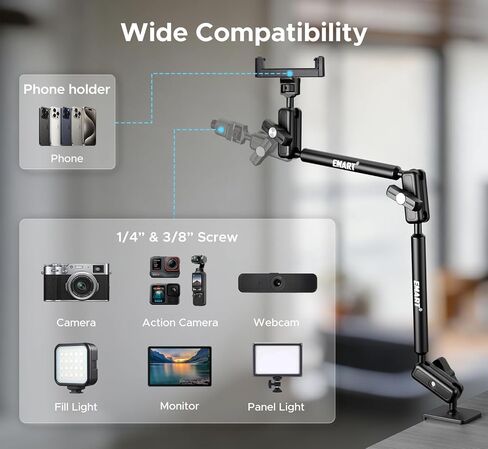 EMART Overhead Camera Mount with 21"Magic Arm and C Clamp,Overhead Phone Mount with 1/4"&3/8" Screw,Articulating Desktop Boom Arm Compatible with Webcam/Monitors/Mics for Streaming/Recording in Saudi Arabia