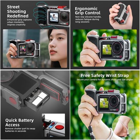 مجموعة مقبض المقبض لـ DJI Osmo Action 5 Pro، مع قفص Osmo Action 5 Pro، حامل حامل للتصوير السريع للشارع، زر الغالق، حذاء بارد، فتحة ملولبة 1/4 لعصا سيلفي ثلاثية القوائم in Saudi Arabia