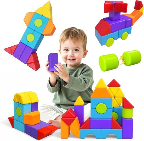 Magnetic Blocks, Large Magnetic Building Blocks for Toddlers, 1.65 Inch 3D Magnet Cubes in 8 Colors, Montessori & Sensory Stacking Toy Gift for Kids Ages 1-3 (16PCS) in Kuwait