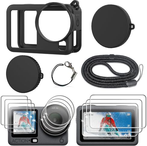 جراب FitTSTILL من مطاط السيليكون + 3 قطع واقي زجاجي مقوى متوافق مع DJI Osmo Action 6، جراب مطاطي وأغطية عدسات وواقيات شاشة وحبل للغطاء الواقي الكامل لمجموعة ملحقات Action6 in Saudi Arabia