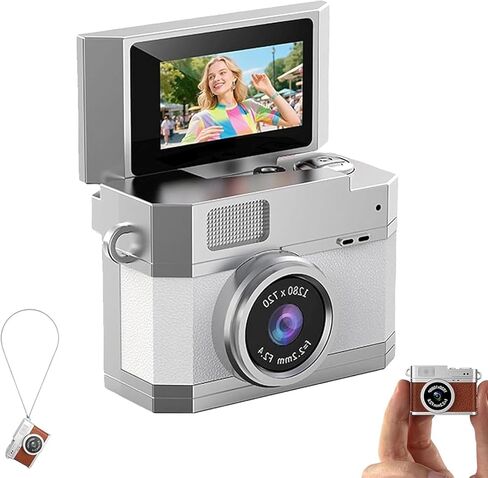 2026 New Thumb-Sized Flip Screen Mini Camera, Retro Flip-Screen Portable Mini Digital Camera, 180 ° Flip Selfie Screen, LED High Brightness Fill Light, Student Carry on Cameras (No Card,White) in Saudi Arabia