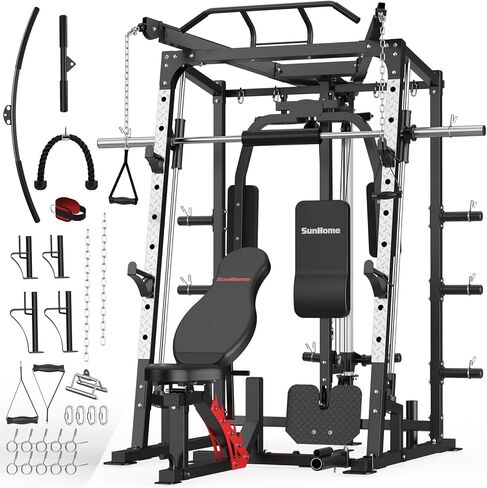SunHome Smith Machine, 2000LBS Power Cage Squat Rack with Smith Bar, Two LAT Pull-Down Systems, Cable Crossover Machine and and More Cable Attachment for Home Gym in Kuwait