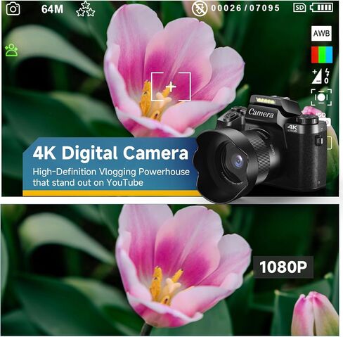 كاميرا رقمية بدقة 4K للتصوير الفوتوغرافي، وكاميرا تسجيل فيديو بشاشة تعمل باللمس بتقنية WiFi بدقة 64 ميجابكسل، وكاميرا قديمة مع التحكم في التطبيق ووضع التجميل، وتكبير/تصغير 16X مع فلاش، ونقطة والتقاط مع بطاقة SD سعة 64 جيجابايت للمبتدئين والمراهقين YouTube in Kuwait