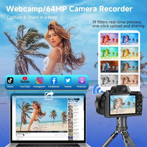 كاميرا رقمية بدقة 4K للتصوير الفوتوغرافي، وكاميرا تسجيل فيديو بشاشة تعمل باللمس بتقنية WiFi بدقة 64 ميجابكسل، وكاميرا قديمة مع التحكم في التطبيق ووضع التجميل، وتكبير/تصغير 16X مع فلاش، ونقطة والتقاط مع بطاقة SD سعة 64 جيجابايت للمبتدئين والمراهقين YouTube in Kuwait
