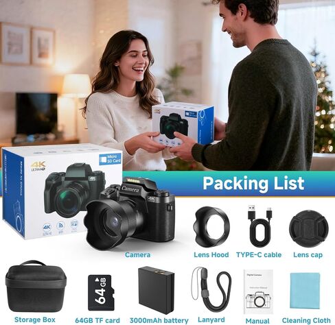 كاميرا رقمية بدقة 4K للتصوير الفوتوغرافي، وكاميرا تسجيل فيديو بشاشة تعمل باللمس بتقنية WiFi بدقة 64 ميجابكسل، وكاميرا قديمة مع التحكم في التطبيق ووضع التجميل، وتكبير/تصغير 16X مع فلاش، ونقطة والتقاط مع بطاقة SD سعة 64 جيجابايت للمبتدئين والمراهقين YouTube in Kuwait