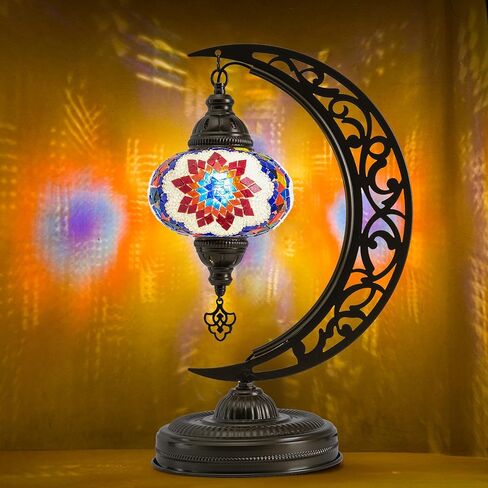 mozaist Turkish Mosaic Moon Shape Table Lamp, Moroccan Vintage Crescent Bohemian Handmade Bedside Light, Rustic Dining Room, Study Room, Office Decorative Lighting, Unique Turkish Gift (Lavender) in Saudi Arabia