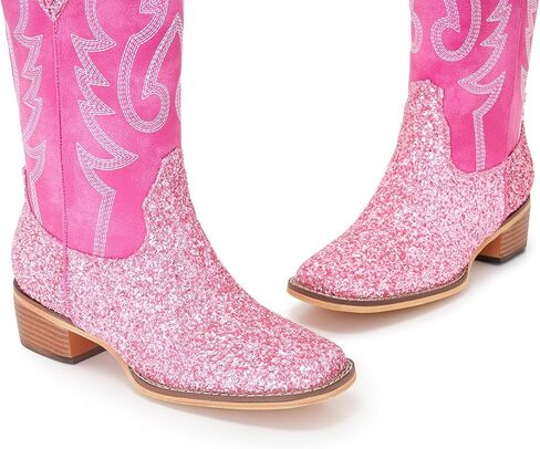 Women Mid Calf Western Cowboy Boots with Glitter Leather, Pink Sparkly Cowgirl Boots with Embroidered Design, Square Toe and Low Heel Classic Western Style in Saudi Arabia