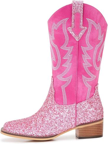 Women Mid Calf Western Cowboy Boots with Glitter Leather, Pink Sparkly Cowgirl Boots with Embroidered Design, Square Toe and Low Heel Classic Western Style in Saudi Arabia