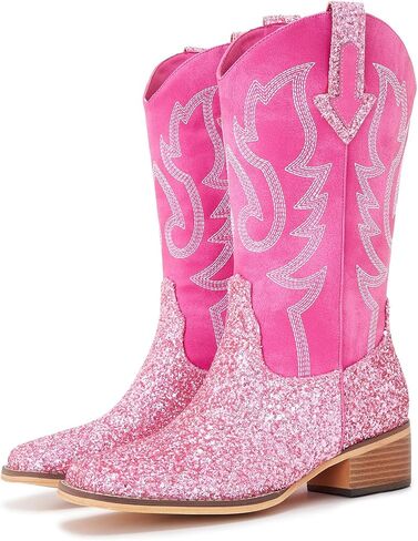 Women Mid Calf Western Cowboy Boots with Glitter Leather, Pink Sparkly Cowgirl Boots with Embroidered Design, Square Toe and Low Heel Classic Western Style in Saudi Arabia