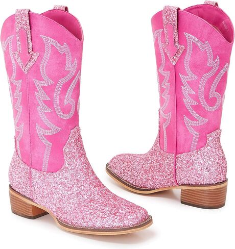 Women Mid Calf Western Cowboy Boots with Glitter Leather, Pink Sparkly Cowgirl Boots with Embroidered Design, Square Toe and Low Heel Classic Western Style in Saudi Arabia