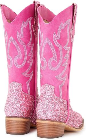 Women Mid Calf Western Cowboy Boots with Glitter Leather, Pink Sparkly Cowgirl Boots with Embroidered Design, Square Toe and Low Heel Classic Western Style in Saudi Arabia