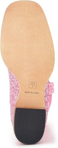 Women Mid Calf Western Cowboy Boots with Glitter Leather, Pink Sparkly Cowgirl Boots with Embroidered Design, Square Toe and Low Heel Classic Western Style in Saudi Arabia