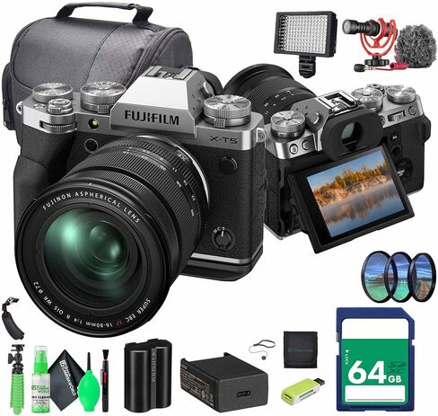 مجموعة عدسات كاميرا Fujifilm X-T5 الرقمية بدون مرآة مقاس XF16-80 مم - حزمة فضية مع بطاقة ذاكرة سعة 64 جيجابايت + ميكروفون رود + حامل ثلاثي القوائم لمدونات الفيديو + مصباح LED للفيديو + حقيبة حمل + المزيد من الملحقات in Saudi Arabia
