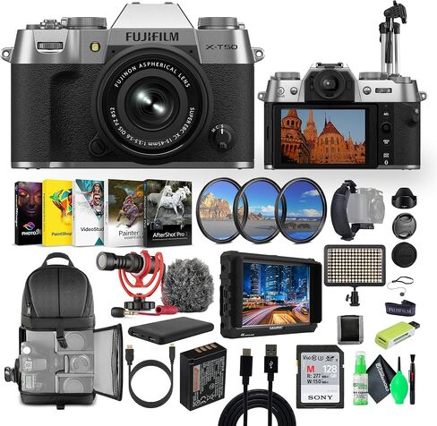 كاميرا Fujifilm X-T50 الرقمية بدون مرآة XC15-45mmF3.5-5.6 مجموعة عدسات OIS PZ + بطاقة ذاكرة 128 جيجابايت UHS-II + حامل ثلاثي القوائم + مصباح فيديو LED + ميكروفون Rode + شاشة HD 7 بوصة + المزيد من الملحقات (فضي) in Saudi Arabia