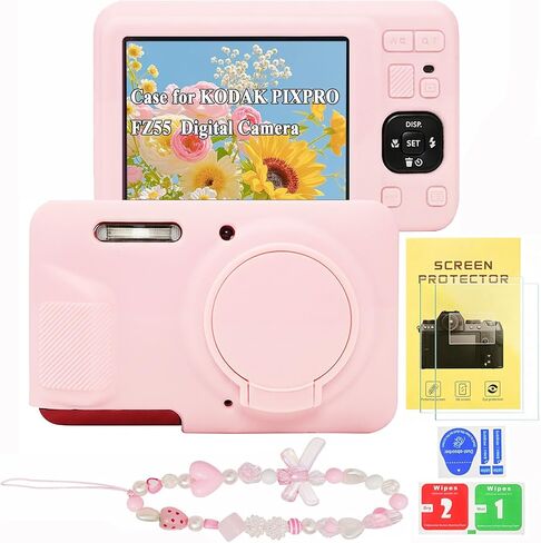Case for Kodak PIXPRO FZ55 with 2 Screen Protector and 1 Charm Wrist Strap, Soft Silicone Digital Camera Protector Case with Lens Cover for Kodak PIXPRO FZ55 Accessories (Pink) in Saudi Arabia