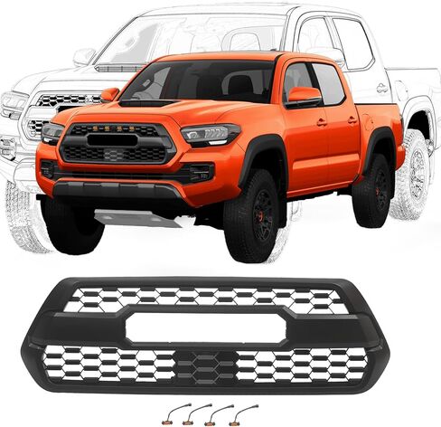الشبكة الأمامية المتوافقة مع 2016-2023 Tacoma SR/SR5/TRD Off-Road/TRD Models ، Grille Grille ABS Honeycomb Grill مع مصابيح LED ومع غطاء مستشعر TSS ، أسود غير لامع in Kuwait